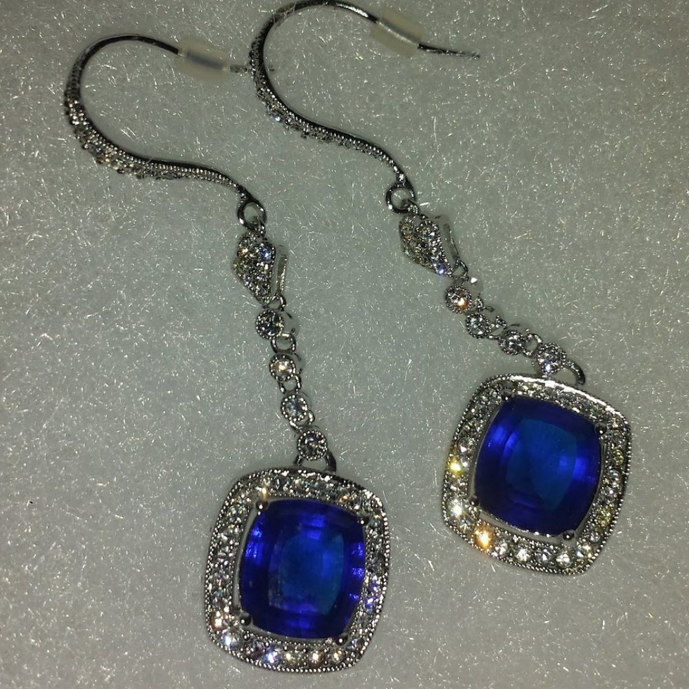 NEW 18k White gold over .925 Sapphire Halo Earrings